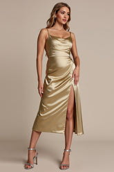 Goldene Spaghettiträger Satin Midi Brautjungfernkleid mit Schlitz